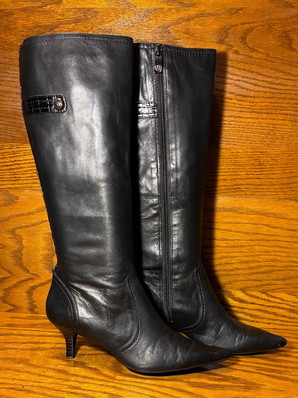 Anne Klein iFlex Croc Trim Knee High Pointed Toe Tall Boots Black Leather Size 7